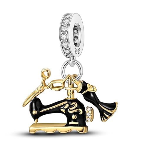 Teleye Schwarz - Gold Nähmaschine Anhänger Charm, Perlenarmband Charm, Fit für 3mm-4,5mm Armbänder von Teleye
