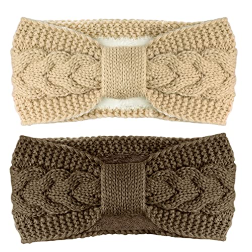 Telgoner Stirnband Damen Winter, 2 Pcs Stirnbänder Strick, Haarband Ohrenwärmer Elastische, Haarbänder Verdicken Headwrap Kopfband für Damen/Frauen/Mädchen (Beige + Khaki) von Telgoner