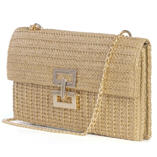 Stroh-Clutch, Damen, Sommer, Strand, Handtasche, Boho, gewebter Umschlag, Geldbörse, umklappbare Kette, Umhängetasche, Abendtasche, Khaki mit Kette, Clutch-Handtaschen von Tellrain