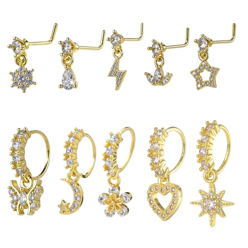 10 Stück Nasenpiercing Stechen L-Form Nasenringe mit Anhänger 20G Zirkonia Nasenring Hoop für Damen Gold Blumen Schmetterlings Herz Nasenring Piercing Ring Exquisiter Piercingschmuck von Telooco