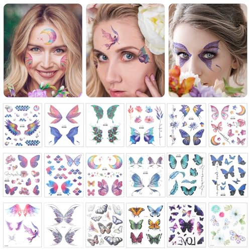 18 Blatt Schmetterlings Tattoos Sticker Mädchen Glitzer Schmetterling Temporäre Tattoos Karneval Halloween Maskerade Aufkleber Bunte Gesicht Schmetterlings Tattoos für Augen Körper Cosplay von Telooco