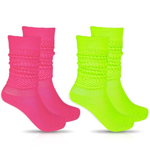 2 Paar Neon Slouch Socken Damen Knit Schoppersocken Extra Lange 80er Jahre Party Outfit Thermosocken Neon Freizeitsocken Gestapelte Hohe Stiefelsocken Retro Punk Streetwear (Grün, Rosenrot) von Telooco