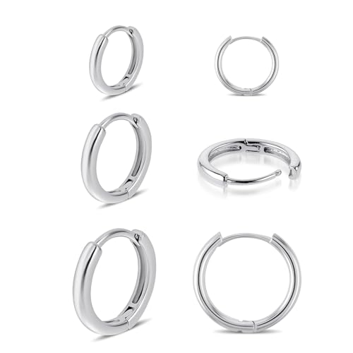 Silber Creolen Damen 3 Paar Hoop Ohrringes 8/10/12 mm Knorpel Ohrringe Herren Kleine Edelstahl Creolen Silberne Piercings Ringe Hypoallergene Knorpel Schlafohrringe für Herren Damen von Telooco