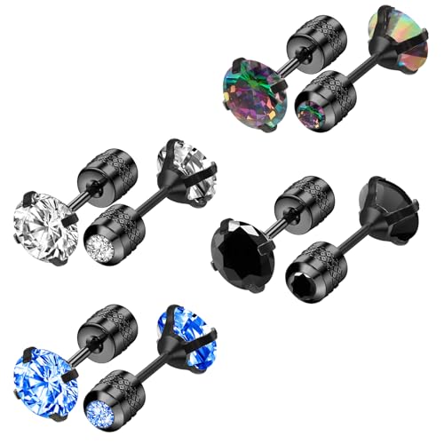 4 Paar Ohrringe Herren Schwarz Ohrstecker 6mm Zirkonia Flache Rückseite Diamant Knorpel Ohrringe Bunt Edelstahl Ohrstecker Damen Punk Gothic Hippie Ohrpiercing Schmuck für Männer Frauen von Telooco