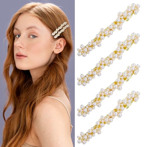 4 Stück Perlen Haarnadeln Damen Haarspangen mit Perlen Hochzeit Brautschmuck Gold Perle Haarspange Hochzeit Elegante Haarnadeln Braut Perle Haarschmuck für Frauen Mädchen Hair Clip von Telooco