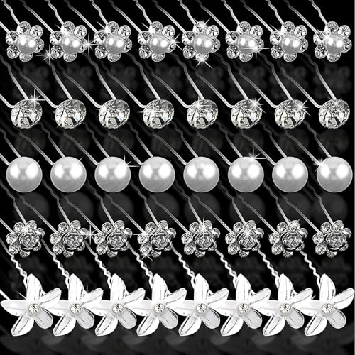 Braut Haarschmuck Hochzeit 40 Stück Perlen Blumen Haarnadeln Hochzeit Haarspangen Haarschmuck Mädchen 5 Stile U Form Strass Brautschmuck Kristall Haarnadel für Damen Abschlussball Party von Telooco