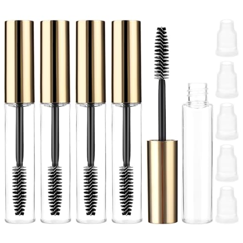 5 Stück Leere Mascara Tube 10ml Nachfüllbare Mascara Flasche mit Wimpernbürste Transparente Kunststoff Behälterflasche Röhre mit Innenstopfen zur Vermeidung von Auslaufen (Gold) von Telooco