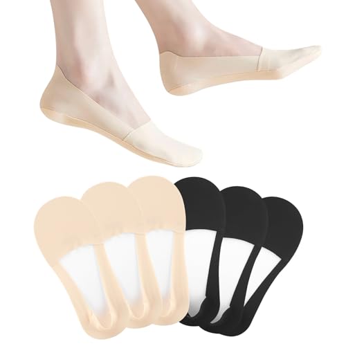 6 Paar Ballerina Socken Damen Füßlinge Nylon No-Show-Socken Atmungsaktive Füßlinge Damen Unsichtbare Socken Rutschfest Bootssocken mit Silikon für Casual Täglich (Schwarz, Hautfarbe) von Telooco