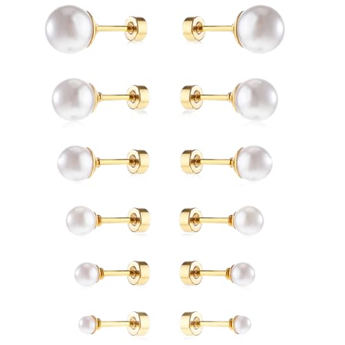 6 Paar Perlen Ohrstecker Gold Knorpel Ohrringe für Damen 3–8 mm Perlen Ohrringe mit Flacher Rückseite Hypoallergen Perlenohrringe Kunstperlen Ohrstecker Ohrpiercing für Damen Mädchen von Telooco