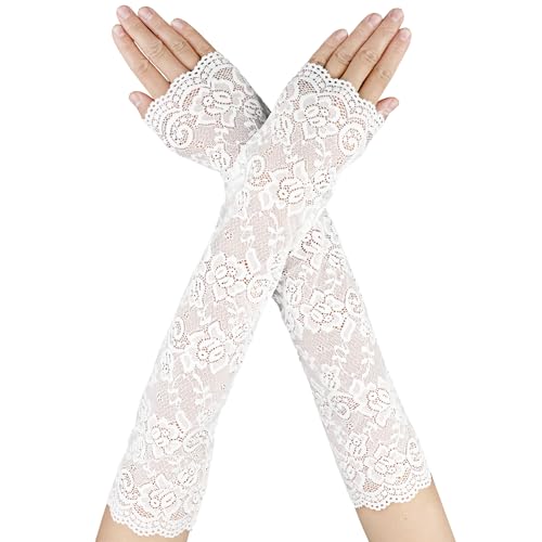 Hochzeit Brauthandschuhe Lange Fingerlose Spitzenhandschuhe für Damen Ellenbogenlänge Florale Spitzen Handschuhe Braut Blumenhandschuhe für 1980er Party Teeparty Kleidungszubehör (Weiß) von Telooco