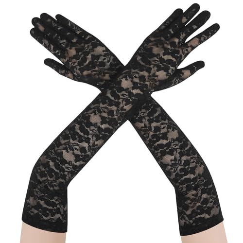 Spitzenhandschuhe Schwarz Halloween Handschuhe Lang Spitzen Handschuhe Damen Florale Spitze Party Fingerhandschuhe Ellenbogenlange Armstulpen für Hochzeit Brautparty Teepartys Maskerade von Telooco