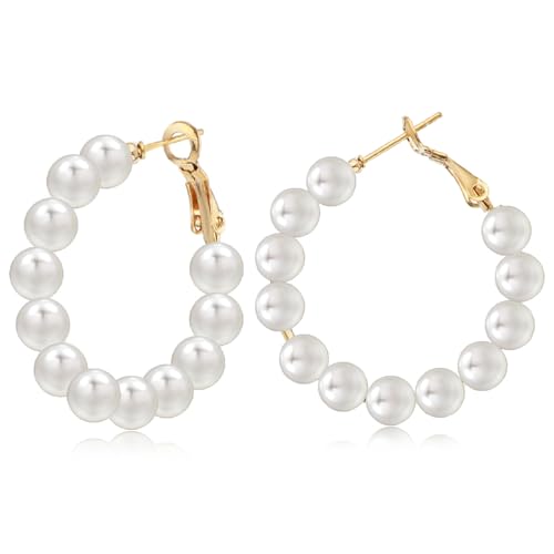Perlen Creolen für Frauen - Kleine Perlenohrringe Runde Halboffene Hypoallergene Ohrringe 3cm Weiß Perle Cluster Hoop Earrings Schmuck Geschenke für Damen Mädchen von Telooco