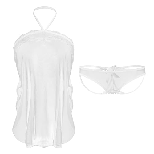Spitzen Pyjama Damen Unterwäsche Sexy Durchsichtig Netz Dessous Set Spitze Blumen Bodysuit Set mit Tanga Lingerie Unterwäsche Bauchband Schnüre Netzstoff Pyjama für Damen Frau (Weiß) von Telooco