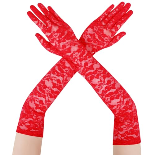Spitzenhandschuhe Rot Halloween Handschuhe Lang Spitzen Handschuhe Damen Florale Spitze Party Fingerhandschuhe Ellenbogenlange Armstulpen für Hochzeit Brautparty Teepartys Maskerade von Telooco