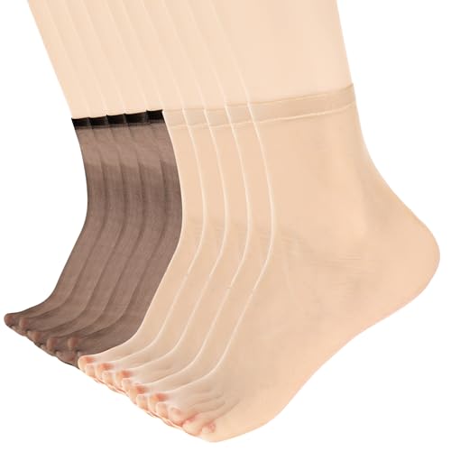 Telooco 10 Paar Nylon Socken Damen Kurze Durchsichtiges Sommersocken Beliebte Seide Socken Atmungsaktive Trachtensocken Nylonstrümpfe Transparente Rockstrümpfe für Frauen Mädchen (Hautfarbe, Schwarz) von Telooco