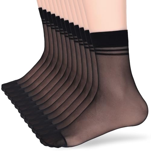 Telooco 12 Paar Dünn Nylonstrümpfe Damen Durchsichtig Söckchen Kurze Seidenstrümpfe Nylon Socken Ultradünne Strümpfe Atmungsaktiv Socken mit Verstärkten Zehen (Schwarz) von Telooco