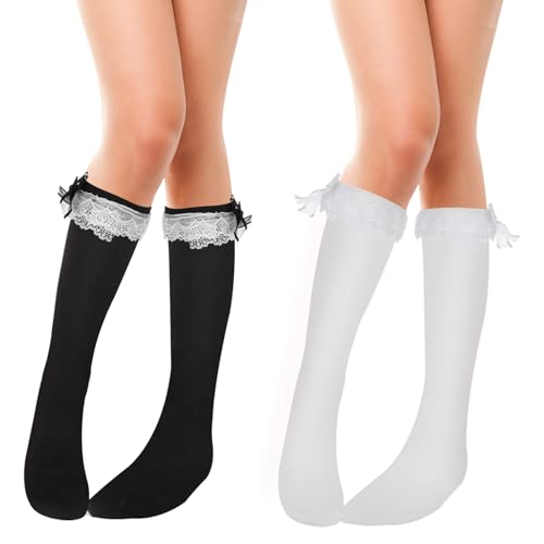 Telooco 2 Paar Baumwoll Kniestrümpfe Mädchen Lolita Socken Süß Kinder Kniestrümpfe Schwarz mit Schleife Spitze Rüschen Mittelsocken Lässige Stiefelstrümpfe für Frauen (Schwarz, Weiß) von Telooco