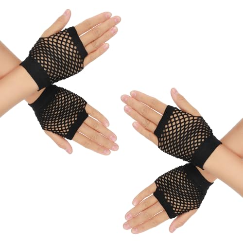 Telooco 2 Paar Kurz Netzhandschuhe Schwarz Gothic Halloween Handschuhe Fingerlose Handschuhe Vintage Punk 80er 90er Jahre Party Netzhandschuhe für Halloween Karnevals Cosplay Mottoparty von Telooco
