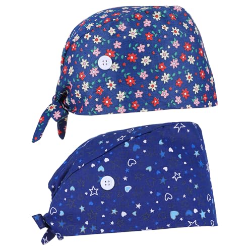 Telooco 2 Stück OP Hauben Damen Baumwoll Schiebermütze Herren Damen Krankenschwester OP Haube Stoff Bedruckte Arbeitsmütze mit Knöpfen und Schweißband Süß OP-Hauben für Männer und Frauen von Telooco
