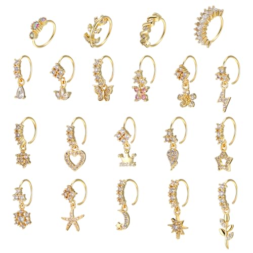 Telooco 20 Stück Nasenpiercing Damen Zirkonia Nasenring mit Anhänger 20G Nostril Piercing Ring Niedlich Schmetterling Herz Stern Nasenring Hoop Pircingssets Nase Schmuck für Damen Frauen von Telooco