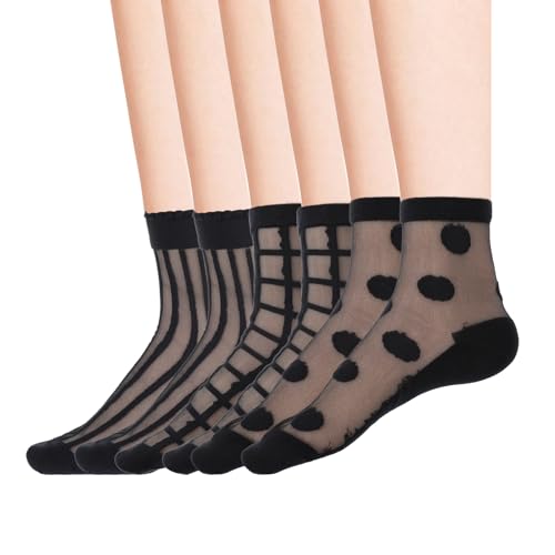 Telooco 3 Paar Schwarz Nylon Socken Damen Nylonstrümpfe Dünne Söckchen mit Rüschen Baumwolle Feinstrumpfsöckchen Gepunktete Streifen Atmungsaktive Socken Transparente Tüllsocken für Damen von Telooco