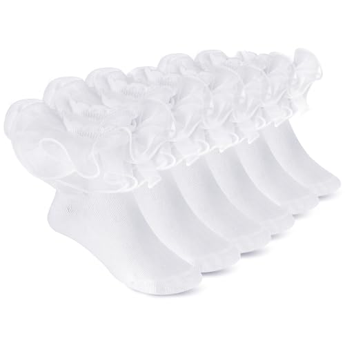 Telooco 3 Paar Rüschen Socken Mädchen Weiß Rüschensocken Kinder Spitzen Socken mit Rüschen Mädchen Lolita Baumwollsocken Große Spitzenrand Söckchen für Einer Fußlänge von 18-20 cm (Weiß) von Telooco