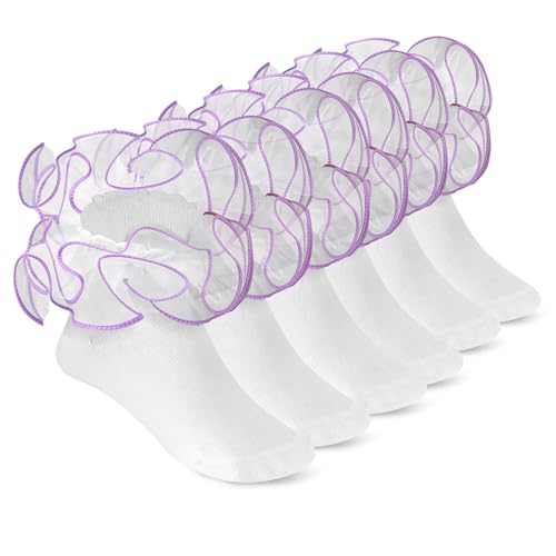 Telooco 3 Paar Rüschen Socken Mädchen Weiß Rüschensocken Kinder Spitzen Socken mit Rüschen Mädchen Lolita Baumwollsocken Große Spitzenrand Söckchen für Einer Fußlänge von 18-20 cm (Lila) von Telooco