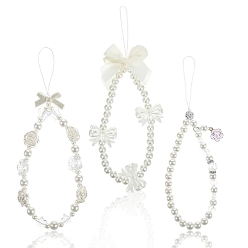 Telooco 3 Stück Handyanhänger Weiß Schlüsselanhänger Damen Süße Handykette Perlen Handy Charm Schleifen Charms Anhänger Schlüsselring Blumen Taschenanhänger Damen Pearl Keychain Accessoires von Telooco