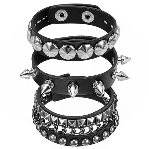 Telooco 3 Stück Gothic Nietenarmband Schwarz Punk Armband Damen Leder Halloween Armband Herren 80er 90erJahre Rock Nieten Armbänder Verstellbare Nietenmanschette für Halloween Cosplay Party von Telooco