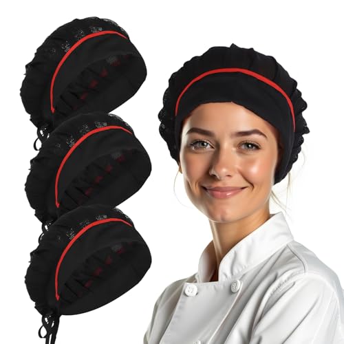 Telooco 3 Stück Kochmütze Damen Schwarz Mesh Chef Hut Damen Netz Kochmütze Herren Atmungsaktive Küchen Staubmütze Verstellbare Mesh Kochhut Arbeitshut Küche Kochkoch Chef Hut (52–59 cm) von Telooco