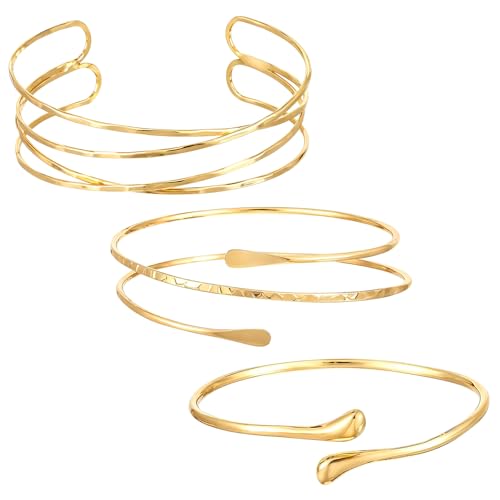 Telooco 3 Stück Oberarmreif Gold Bracelet Damen Spiral Armreif Oberarm Goldene Verstellbar Mehrschichtig Armreifen Armschmuck Armspange Boho Zarter Oberarmreif Geschenk für Frauen Mädchen von Telooco