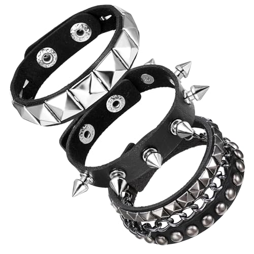 Telooco 3 Stück Punk Nietenarmband Schwarz Leder Armband mit Nieten Verstellbare Halloween Nietenmanschette Rock Punk Armbänder Gothic Lederarmbänder mit Metallnieten für Männer Frauen von Telooco