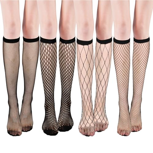 Telooco 4 Paar Nylon Kniestrümpfe Damen Netzstrümpfe Schwarz Netz Wadenstrümpfe Halterlose Fishnets Socken Nylon Hohle Damensocken Netz Kniestrümpfe Transparente Oberschenkelsocken von Telooco