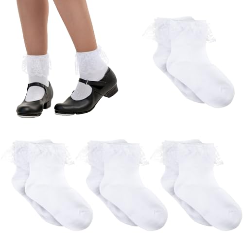 Telooco 4 Paar Weiß Söckchen mit Rüschen Mädchen Lolita Baumwollsocken Spitzen Rüschen Socken Mädchen Kinder Partys Rüschensocken für 5–7 Jahre Kinder Formelle Kleidung und Alltagskleidung von Telooco