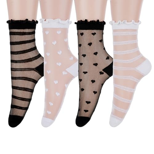 Telooco 4 Paar Transparente Söckchen Rüschen Socken Damen Lässige Netz Spitzensocken Damensocken Durchsichtige Feinsöckchen Söckchen mit Rüschen Sommer Transparentsocken für Damen Mädchen von Telooco