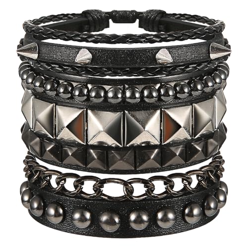 Telooco Gothic Armband Nieten 4 Stück Schwarz Punk Nietenarmband Damen Halloween Armbänder Herren Armkette Schmuck 80er 90er Jahre Leder Armband Nieten Zubehör für Halloween Party Cosplay von Telooco