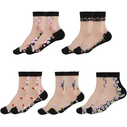 Telooco 5 Paar Kurze Nylonstrümpfe Damen Söckchen mit Rüschen Durchsichtige Nylon Socken Blumen Trachtensocken Rüschen Socken Netz Sommersocken für Damen Dünn Lässige Socken (Weiß) von Telooco