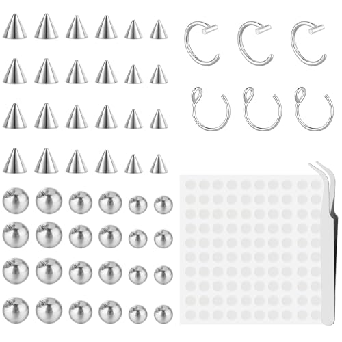 Telooco 54 Stück Piercing Kugel Fake Nasenpiercing Augenbraue Ring Lippenring Fake Nasenringe und Nasenstecker Set 3/4/5 mm mit 100 Aufkleber für Nicht Durchdringenden Nasenschmuck Unisex von Telooco