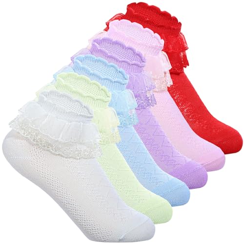 Telooco 6 Paar Rüschen Socken Mädchen Prinzessinnen Lolita Spitzensocken Damen 6 Farbe Feinsöckchen Spitze Söckchen mit Rüschen Lolita Komfortsocken für 7–9 Jahre Mädchen Rüschensocken von Telooco