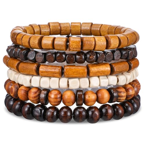 Telooco 6 Stück Perlenarmband Herren Mehrlagig Holzperlen Armband 19 cm Verstellbar Gothic Perlenarmbänder für Herren Elastisch Herrenarmband Gothic Armband Damen Geschenk (Hellbraun) von Telooco