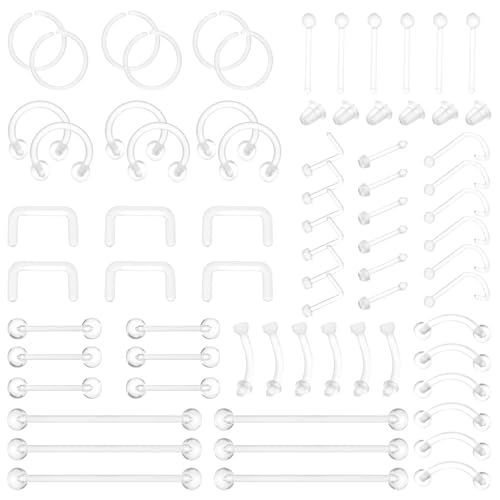 Telooco 66 Stück Klar Fake Nasenpiercing Acryl Hufeisen Piercing Lippenpiercing Bauchnabelring Nasenstecker Set Nasenring Piercing Ring Augenbraue Knorpel Tragus Piercingschmuck für Männer Frauen von Telooco