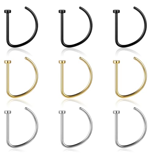 Telooco 9 Stück Fake Nasenpiercing 18G 10mm Fake Septum Piercing D Form Edelstahl Septum Nasenringe Nasen Lippen Ohrstecker Fake Piercing Nasenring Hoop Geschenke für Männer Frauen von Telooco
