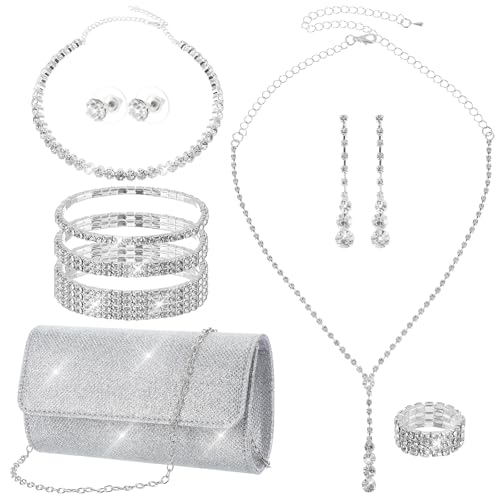 Telooco 9 Stück Silber Strass Hochzeitsschmuck Strasssteine Brautschmuck Set Abschlussball Geldbörse Halskette Ohrringe Armband Ring und Unterarmtasche Schmuckset für Damen Hochzeit Party von Telooco