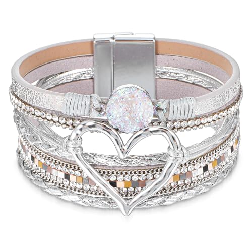 Telooco Boho Mehrschichtig Lederarmband Damen Herz Manschettenarmband mit Verschluss PU Leder Armband Mehrlagiges Leopardenmuster Kristallarmband Modeschmuck Geschenk für Frauen (Silber) von Telooco