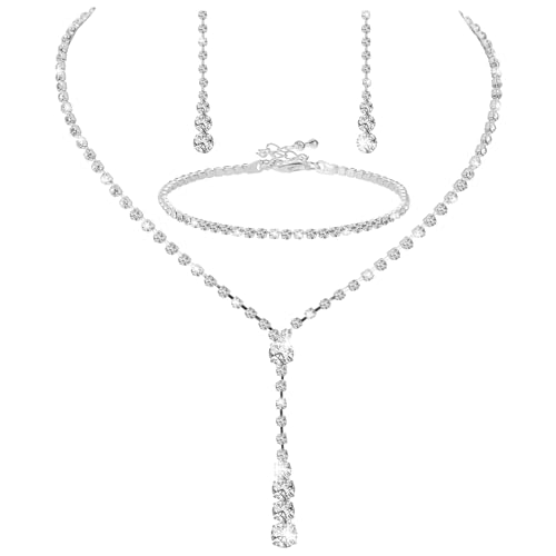 Telooco Hochzeit Brautschmuck Set Silber Kristall Strass Hochzeitsschmuck Damen Halskette Armband Ohrringe Schmuckset Strass Braut Halsketten Tropfenohrringe Party Hochzeits Strassschmuck von Telooco