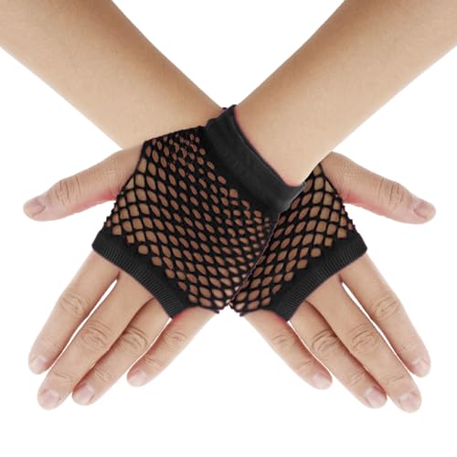 Telooco Fingerlose Netzhandschuhe Schwarz Kurze Halloween Handschuhe Punk Gothic Fischnetz Netzhandschuhe für Damen 80er 90er Jahre Party Cosplay Halloween Kostüm Karnevals Handschuhe von Telooco