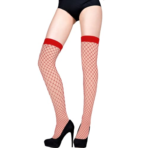 Telooco Halterlose Netzstrümpfe für Damen 55cm Fischnetz Nylonstrümpfe Rot Overknees Strümpfe für Damen Elastische Oberschenkelsocken Lange Damenstrümpfe mit Glattes Gummiband (Rot) von Telooco