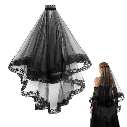 Telooco Horror Braut Schleier Halloween-Hochzeitskleid Schleier Schwarz Halloween Geister Brautschleier Lang Tüllschleier mit Kamm Hochzeitsschleier für Halloween Cosplay Beerdigung Kostüm von Telooco