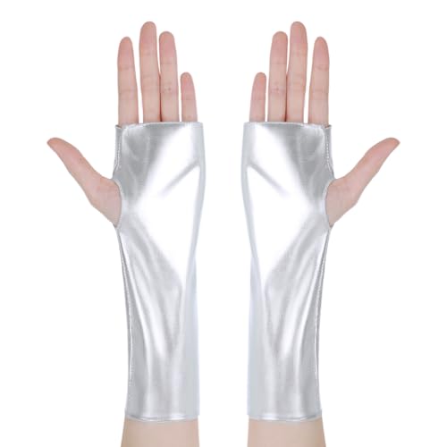 Telooco Leder Fingerlose Handschuhe Damen Silber Halloween Handschuhe Elegante Lackleder Tanzhandschuhe Gothic Punk Kurze Fingerlose Armstulpen für Halloween Cosplay Maskeraden Party Motorradfahren von Telooco