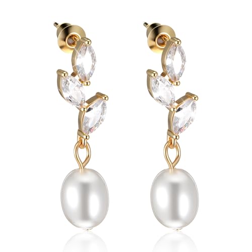 Telooco Perlenohrringe Hängend Damen Blattform Ohrringe Zirkonia Perlenohrringe Weiß Perlen Quastenohrringe Goldene Tropfen Ohrringe Hängende Schmuckgeschenk für Frauen Damen Hochzeit von Telooco